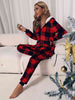 PLAID ZIP FRONT LONG SLEEVE HOODED LOUNGE JUMPSUIT