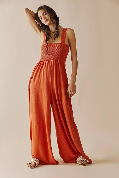 SMOCKED WIDE STRAP JUMPSUIT