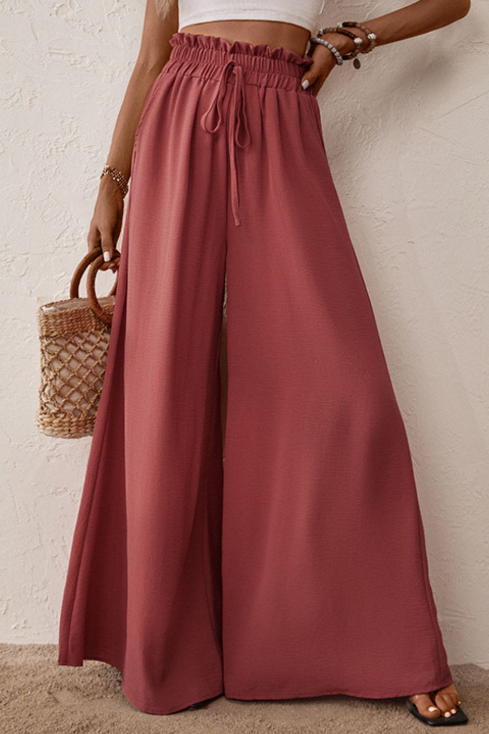 SMOCKED PAPERBAG WAIST WIDE LEG PANTS