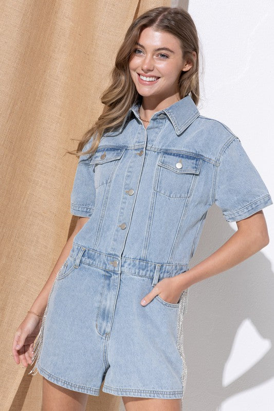 WASHED DENIM OVERALL ROMPER