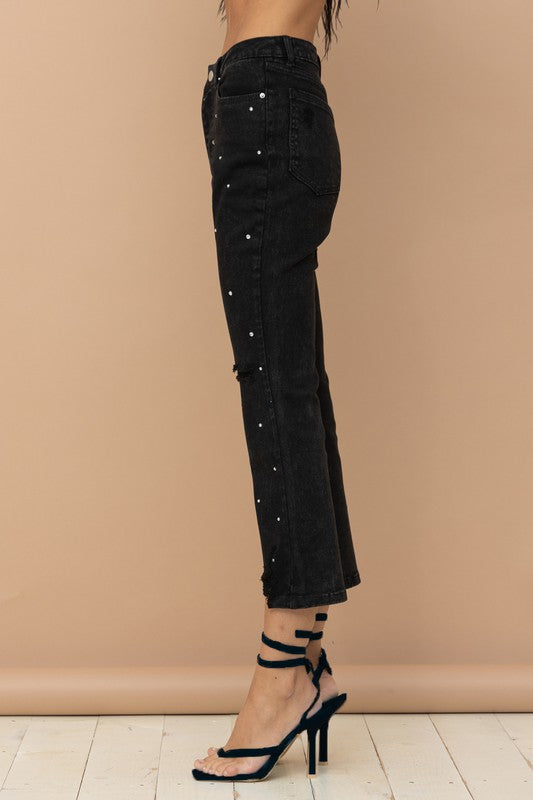 STUDDED RHINESTONE DISTRESSED DENIM JEANS