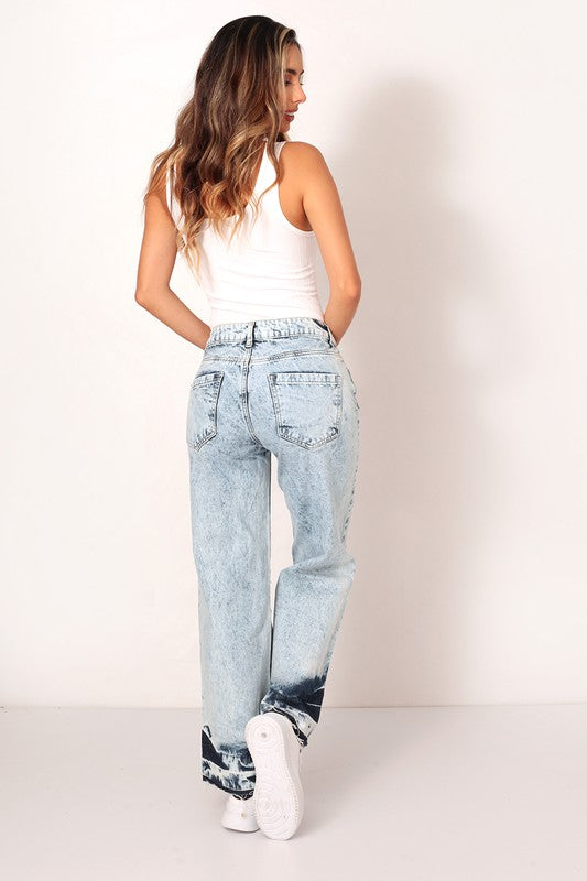 DISTRESSED ACID WASH RELEASED HEM WIDE LEG JEAN