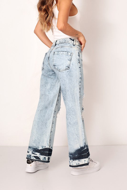 DISTRESSED ACID WASH RELEASED HEM WIDE LEG JEAN