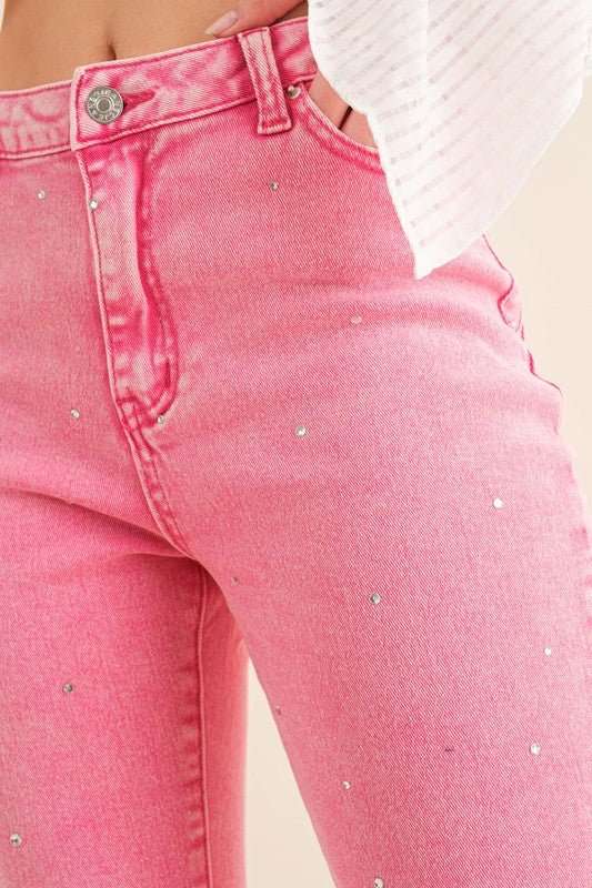 STUDDED RHINESTONE DISTRESSED DENIM JEANS