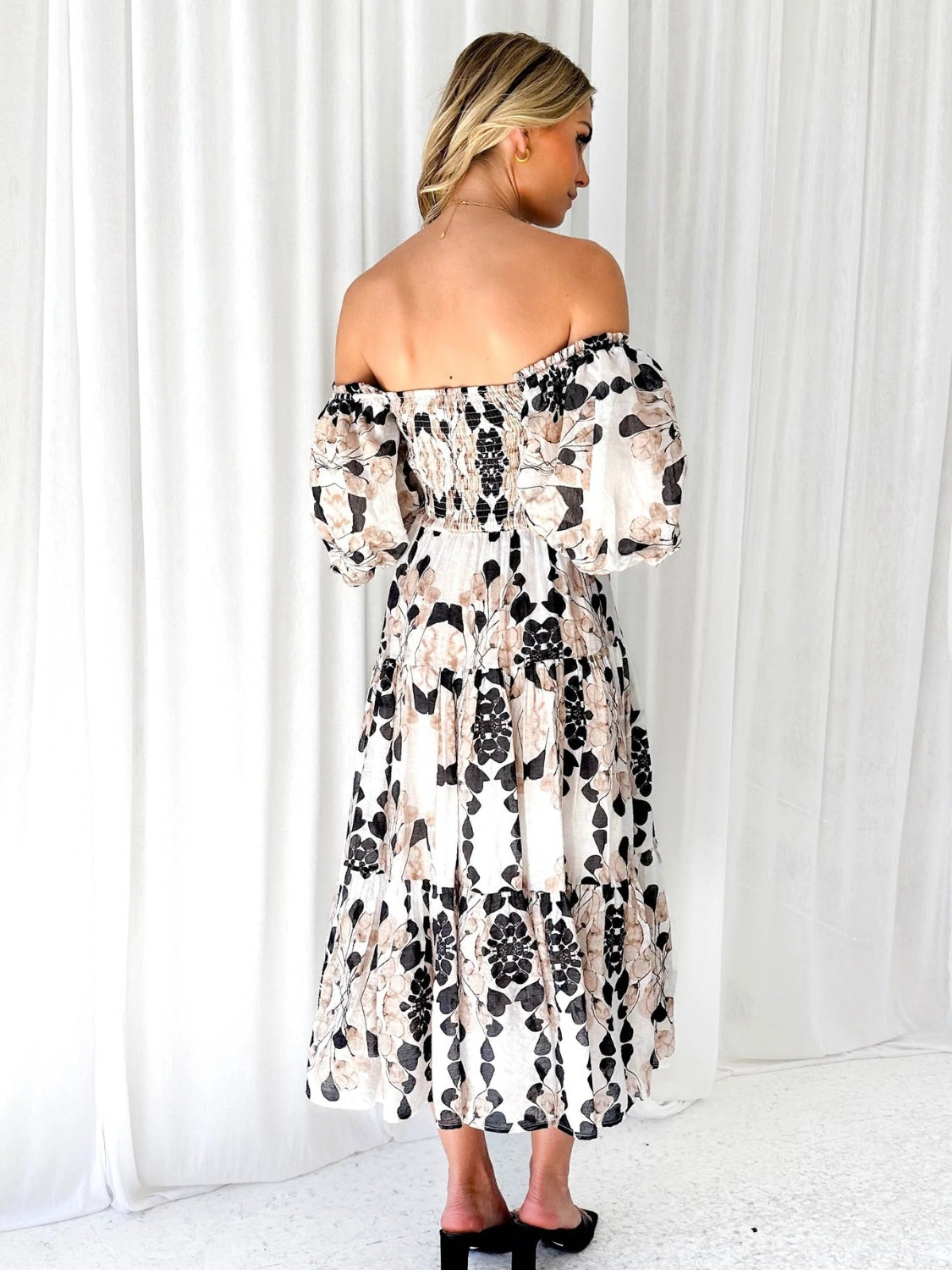 PRINTED SMOCKED OFF-SHOULDER TIERED DRESS