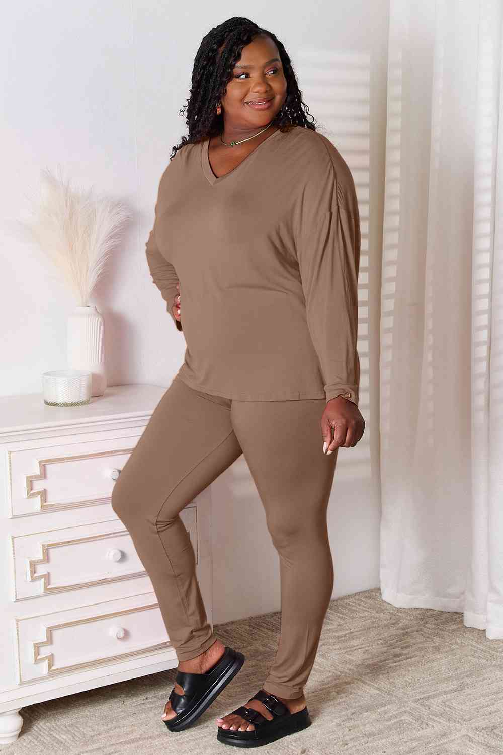 BASIC BAE FULL SIZE V-NECK SOFT RAYON LONG SLEEVE TOP AND PANTS LOUNGE SET