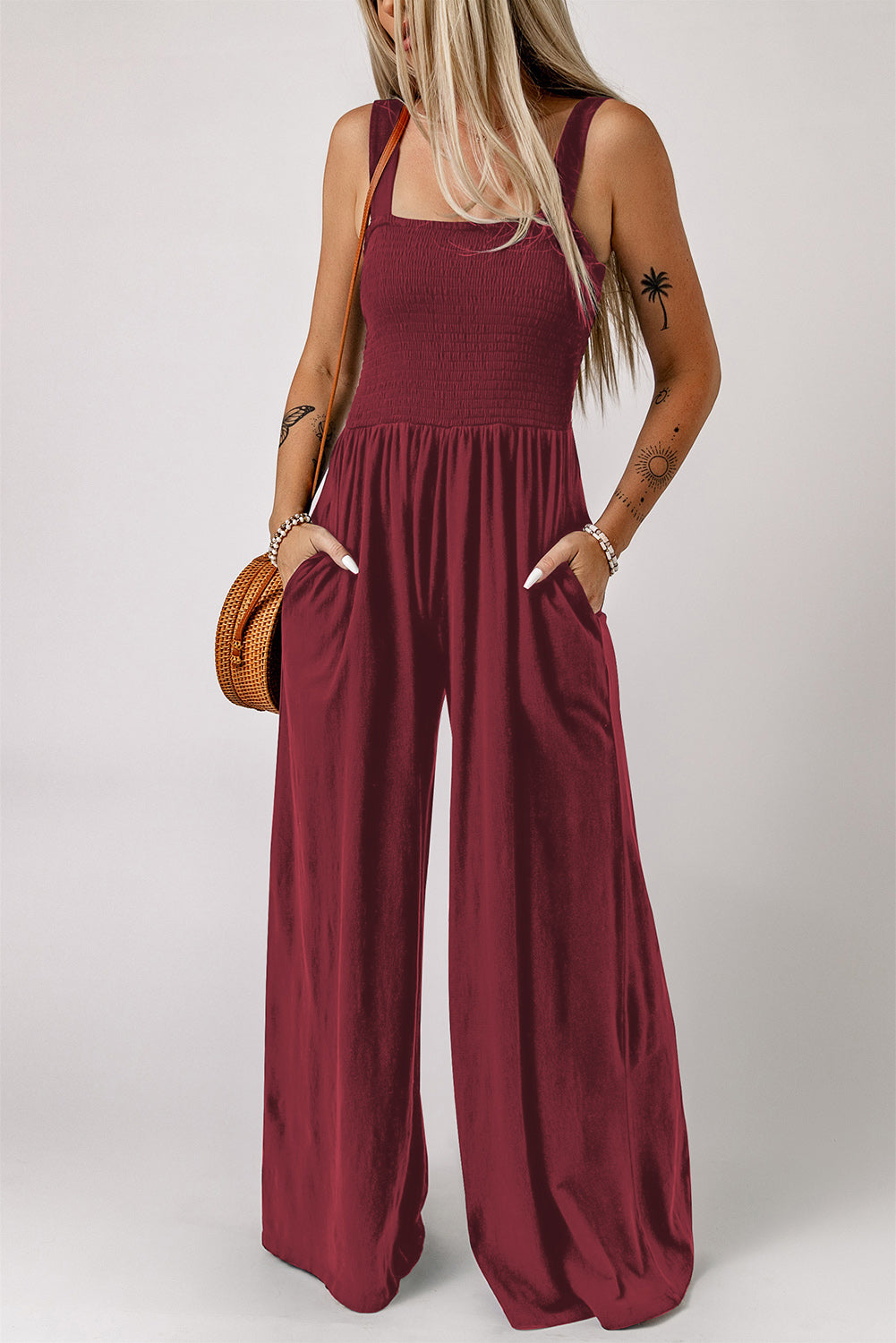 SMOCKED SQUARE NECK WIDE LEG JUMPSUIT WITH POCKETS