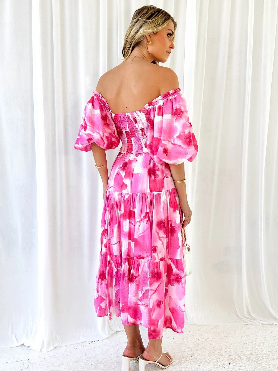 PRINTED SMOCKED OFF-SHOULDER TIERED DRESS