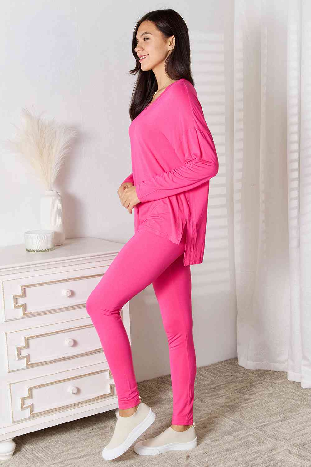 BASIC BAE FULL SIZE V-NECK SOFT RAYON LONG SLEEVE TOP AND PANTS LOUNGE SET