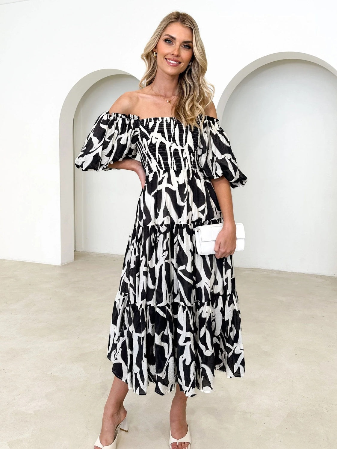 PRINTED SMOCKED OFF-SHOULDER TIERED DRESS