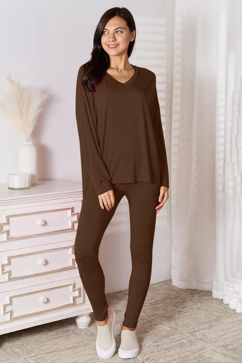 BASIC BAE FULL SIZE V-NECK SOFT RAYON LONG SLEEVE TOP AND PANTS LOUNGE SET