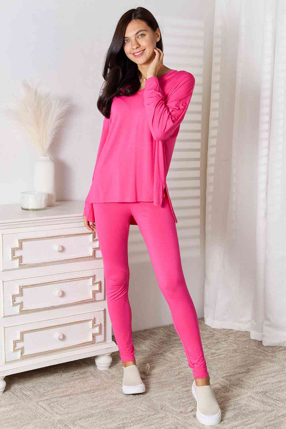 BASIC BAE FULL SIZE V-NECK SOFT RAYON LONG SLEEVE TOP AND PANTS LOUNGE SET