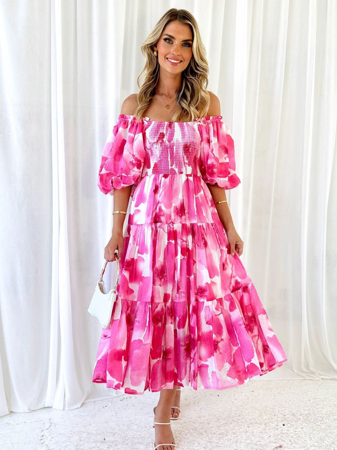 PRINTED SMOCKED OFF-SHOULDER TIERED DRESS