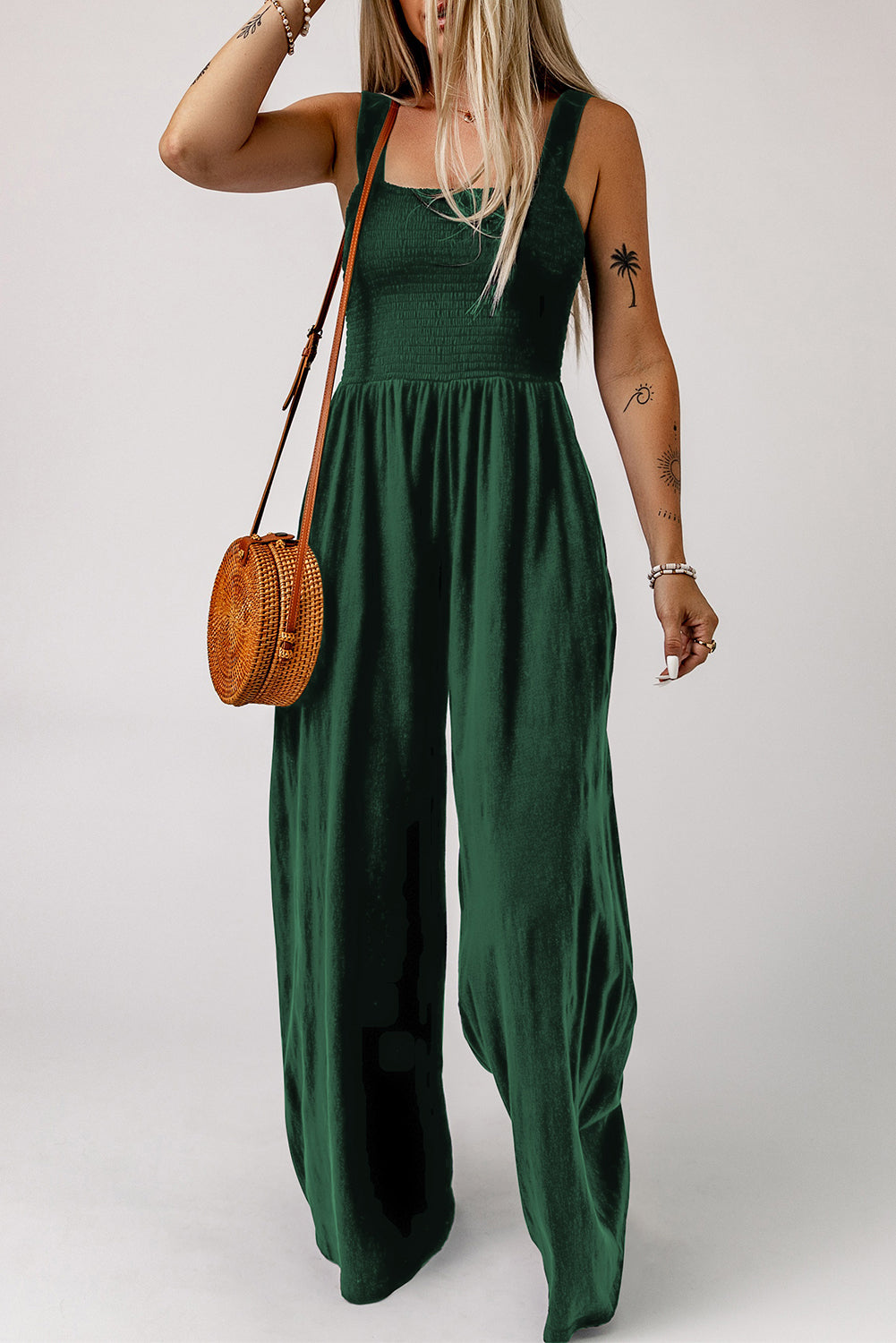 SMOCKED SQUARE NECK WIDE LEG JUMPSUIT WITH POCKETS