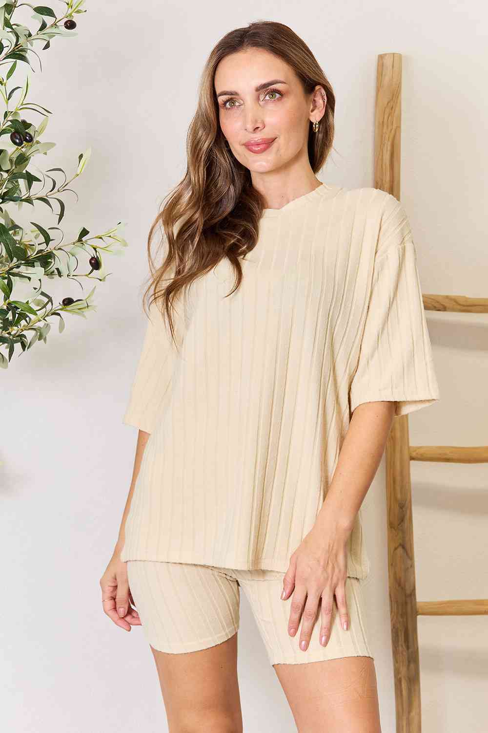 BASIC BAE RIBBED ROUND NECK TOP AND SHORTS LOUNGE SET