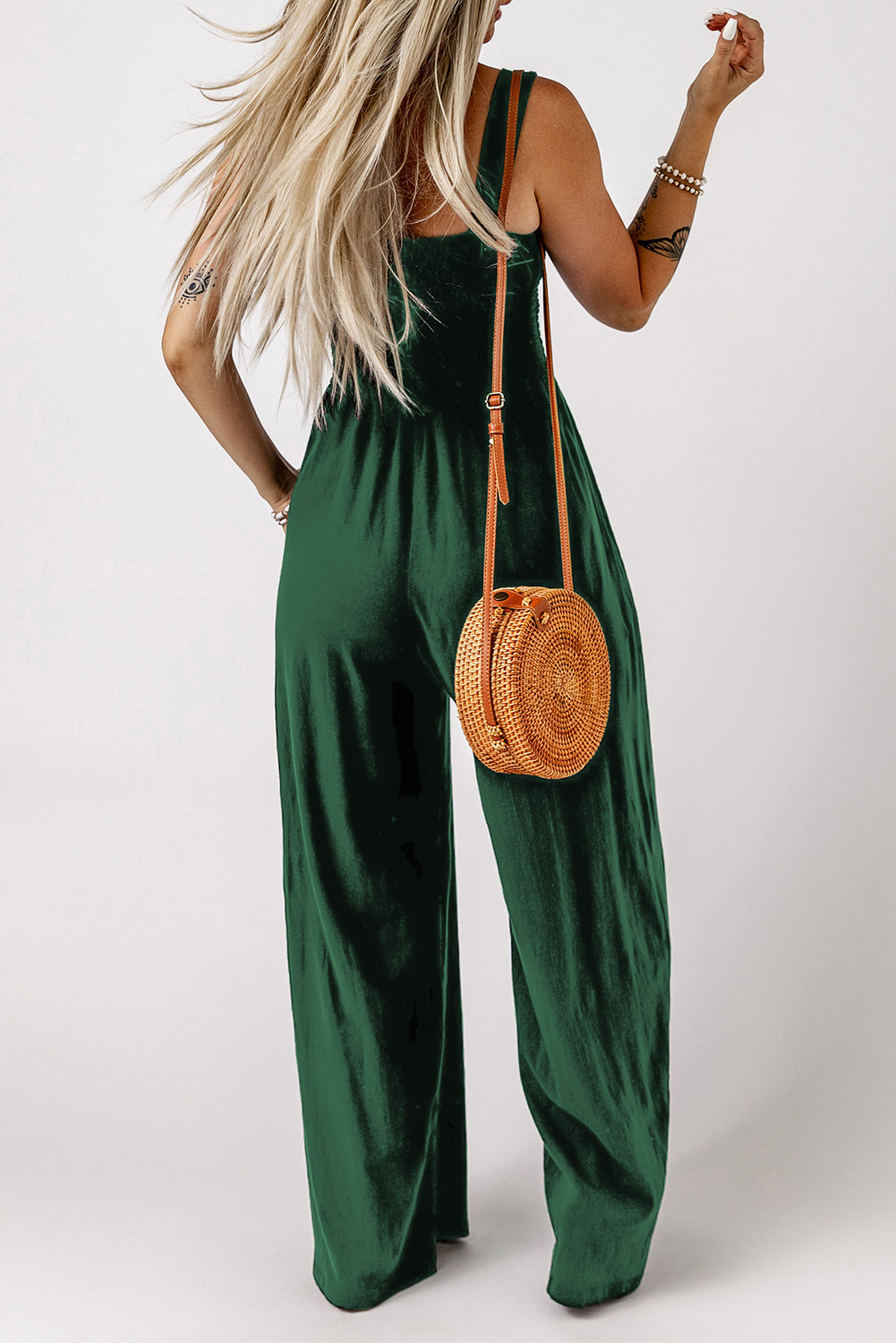 SMOCKED SQUARE NECK WIDE LEG JUMPSUIT WITH POCKETS