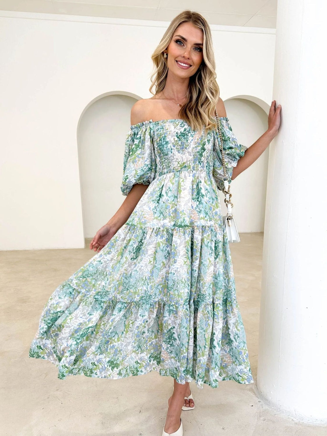 PRINTED SMOCKED OFF-SHOULDER TIERED DRESS