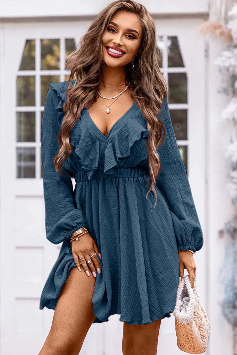 RUFFLE TRIM V-NECK LONG SLEEVE MINI DRESS