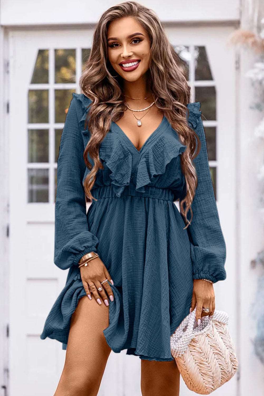 RUFFLE TRIM V-NECK LONG SLEEVE MINI DRESS