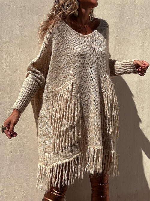 FRINGE DETAIL LONG SLEEVE SWEATER WITH POCKETS - Style Boutiqe