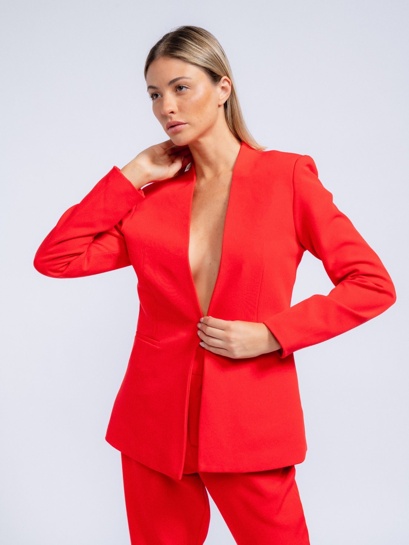 RED BLAZER WITH INVERTED LAPEL COLLAR