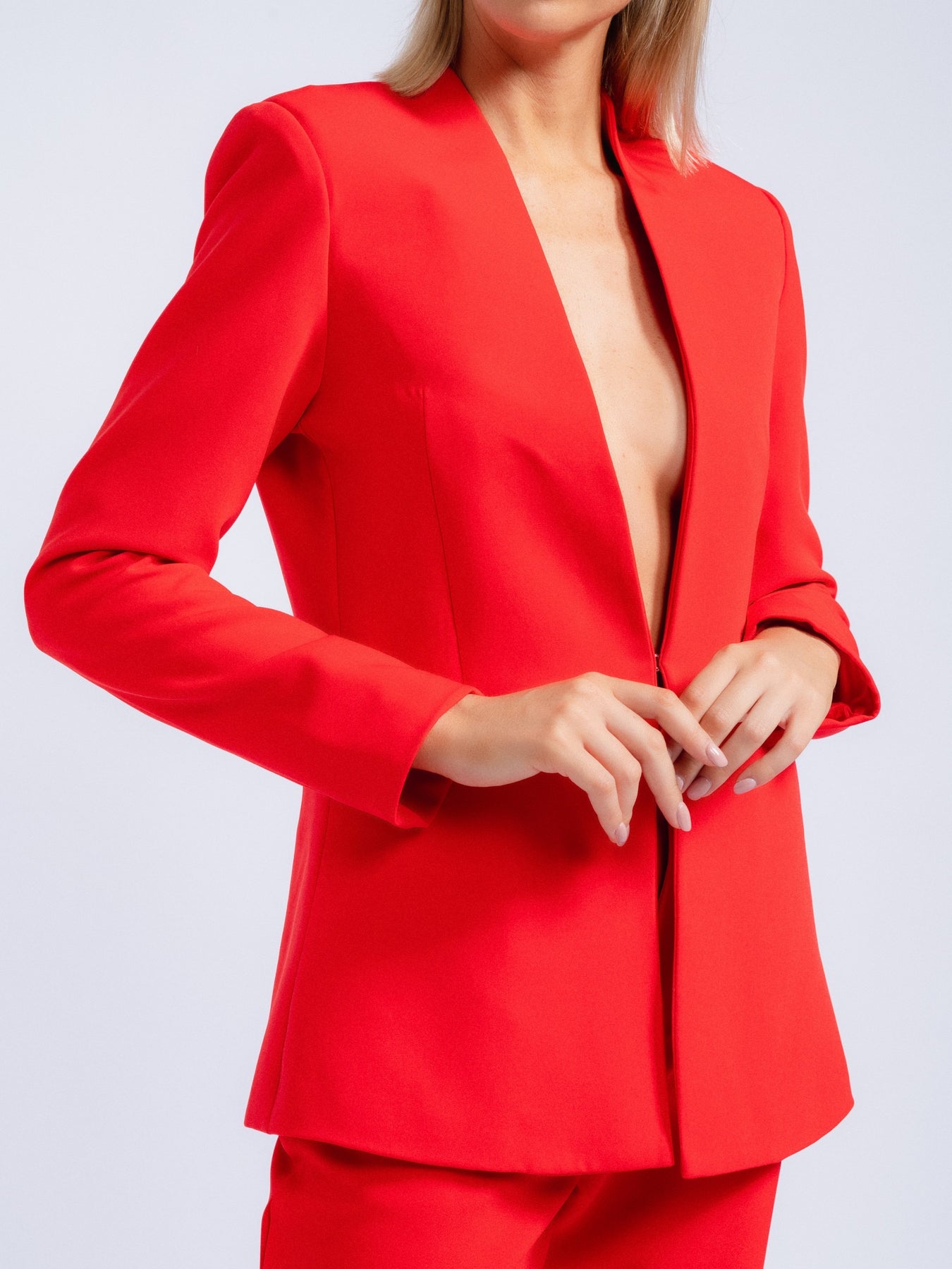 RED BLAZER WITH INVERTED LAPEL COLLAR