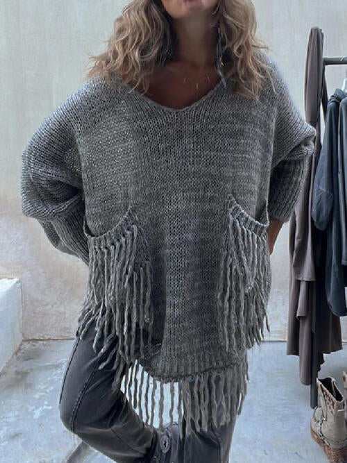 FRINGE DETAIL LONG SLEEVE SWEATER WITH POCKETS - Style Boutiqe