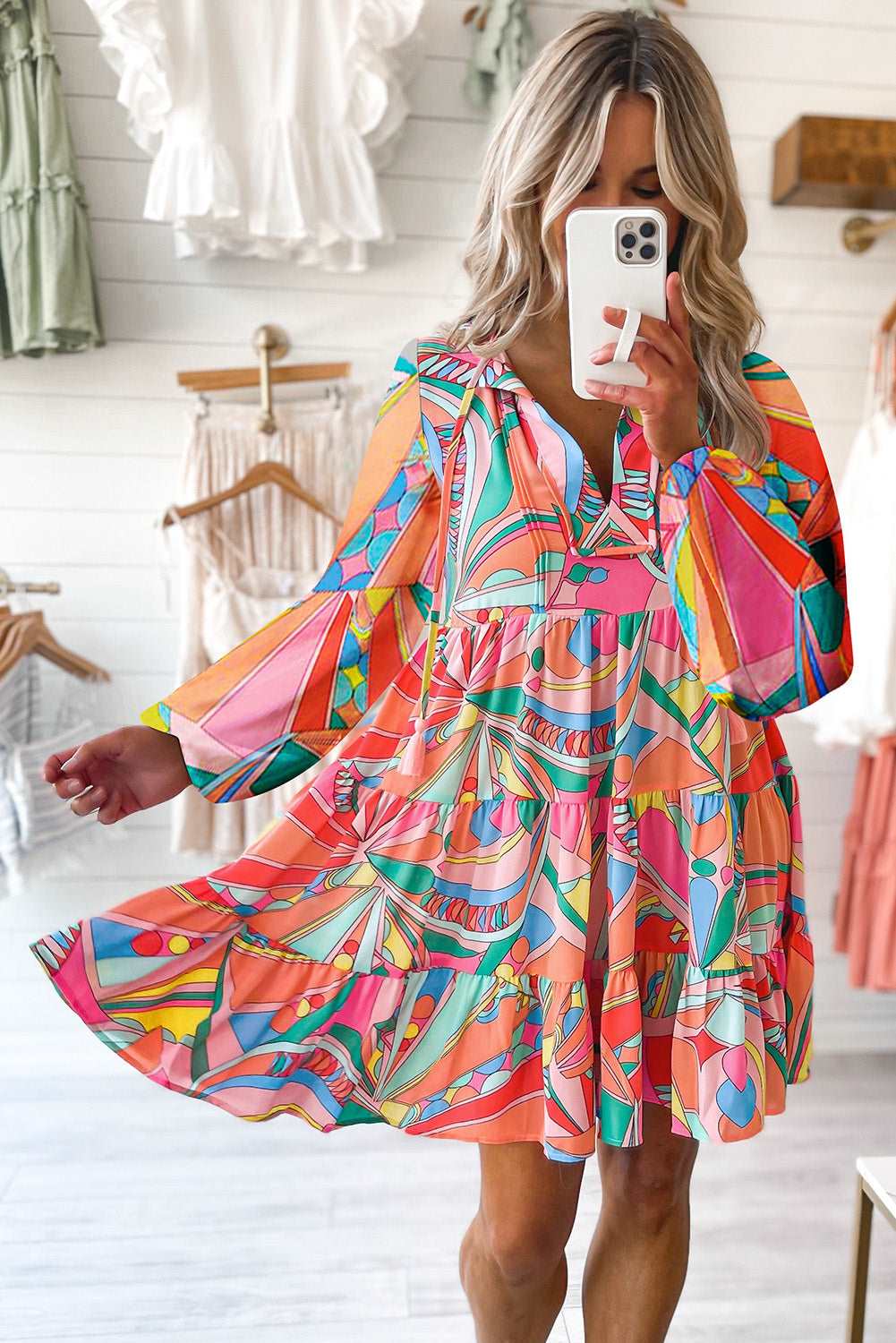 PRINTED LONG SLEEVE TIE NECK MINI DRESS