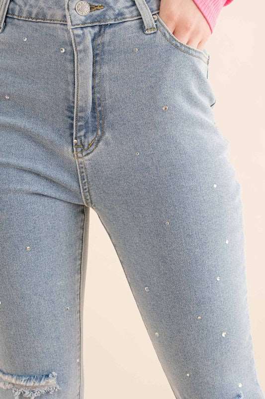 STUDDED RHINESTONE DISTRESSED DENIM JEANS