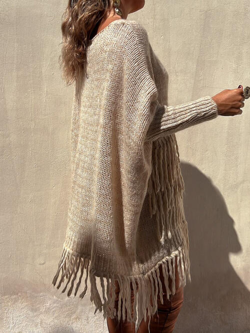 FRINGE DETAIL LONG SLEEVE SWEATER WITH POCKETS - Style Boutiqe