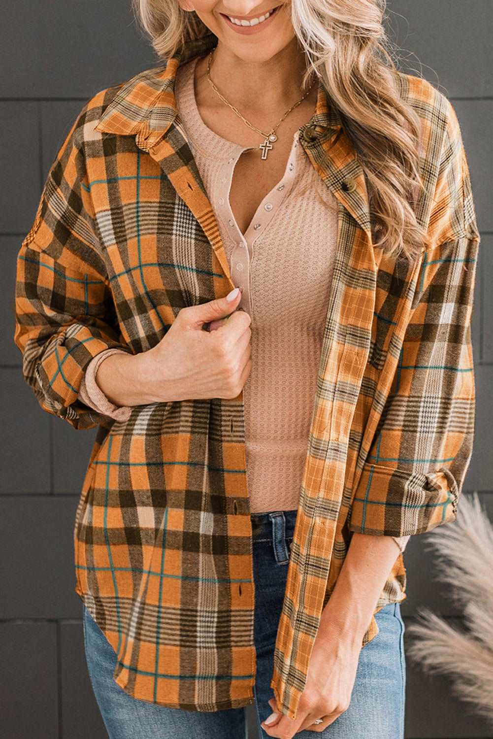 PLAID COLLARED NECK LONG SLEEVE BUTTON-UP SHIRT