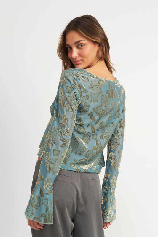 SHIRRRING TIE TOP WITH LONG SLEEVE - Style Boutiqe