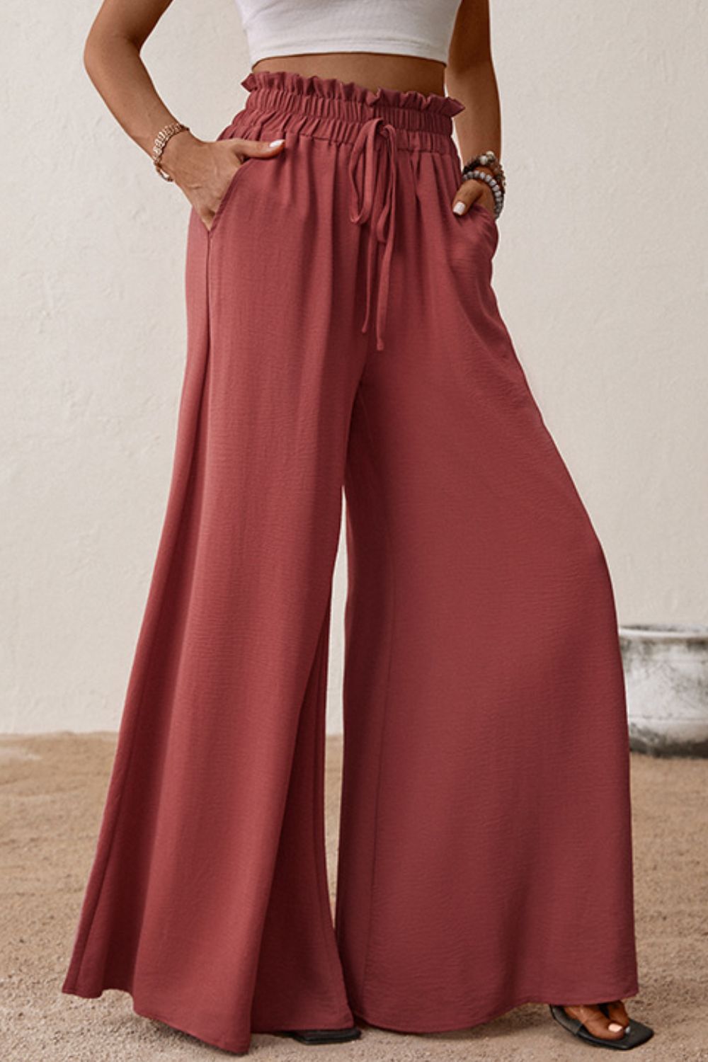 SMOCKED PAPERBAG WAIST WIDE LEG PANTS