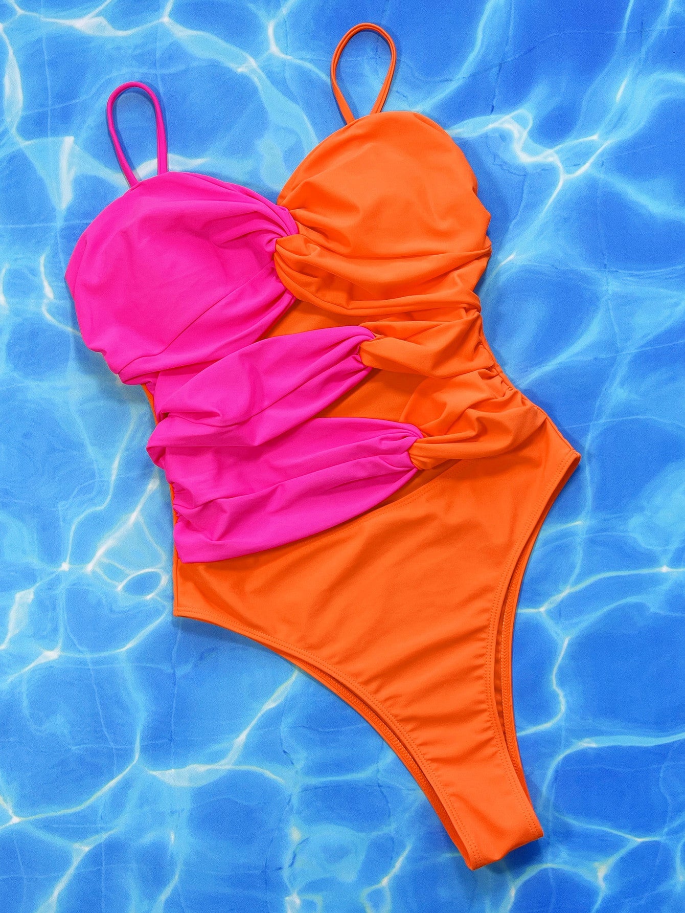 TWO-TONE TWISTED CUTOUT ONE-PIECE SWIMSUIT