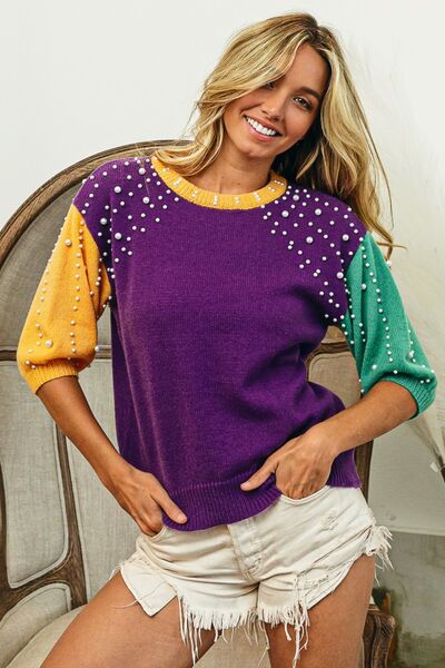 BIBI COLOR BLOCK PEARL DETAIL ROUND NECK SWEATER