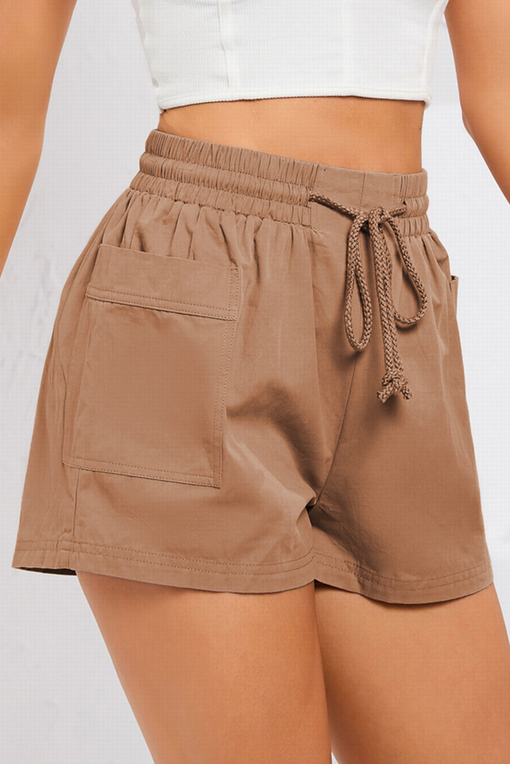 DRAWSTRING SMOCKED WAIST POCKETED SHORTS