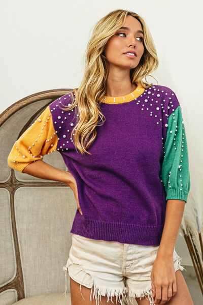 BIBI COLOR BLOCK PEARL DETAIL ROUND NECK SWEATER