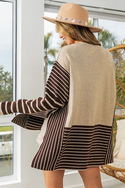 BIBI STRIPED CONTRAST LONG SLEEVE SLIT TOP