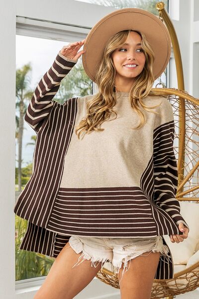 BIBI STRIPED CONTRAST LONG SLEEVE SLIT TOP