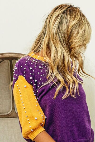 BIBI COLOR BLOCK PEARL DETAIL ROUND NECK SWEATER