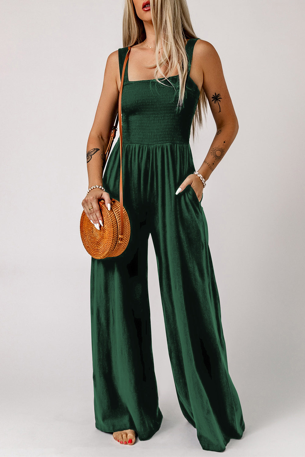 SMOCKED SQUARE NECK WIDE LEG JUMPSUIT WITH POCKETS