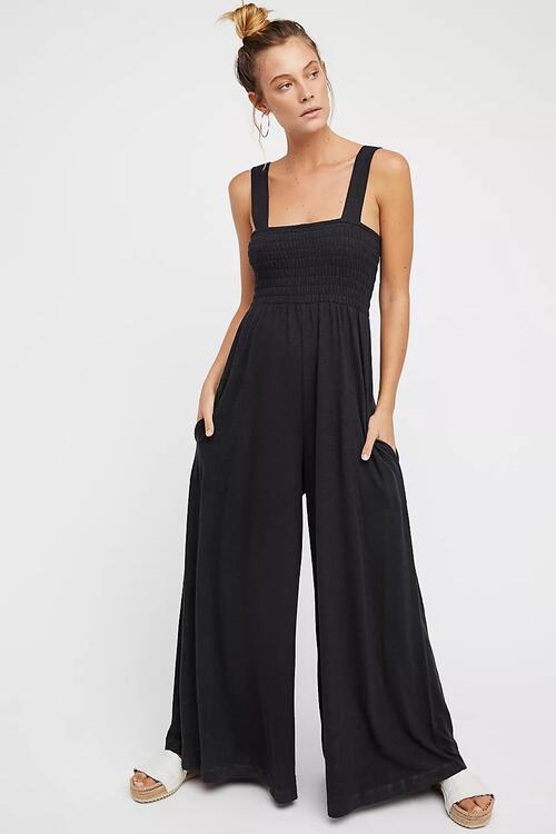 SMOCKED WIDE STRAP JUMPSUIT