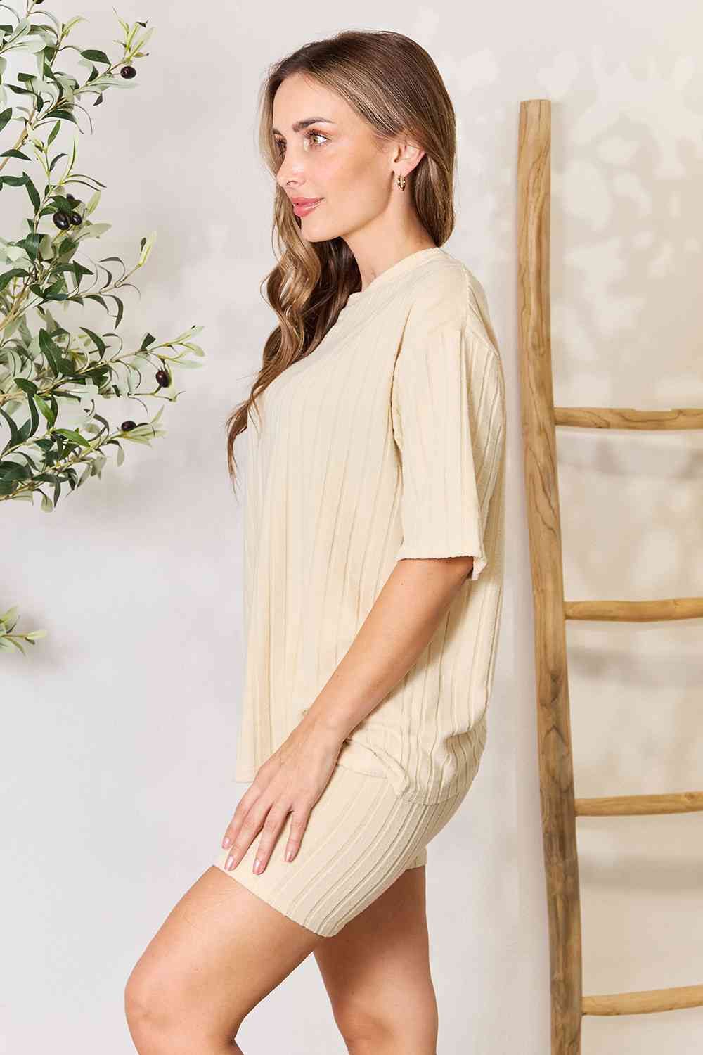 BASIC BAE RIBBED ROUND NECK TOP AND SHORTS LOUNGE SET