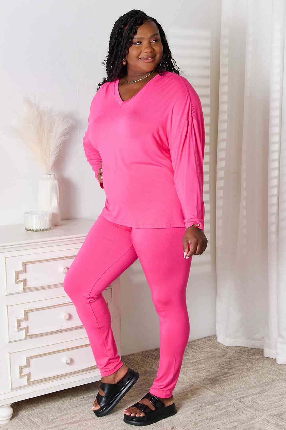 BASIC BAE FULL SIZE V-NECK SOFT RAYON LONG SLEEVE TOP AND PANTS LOUNGE SET