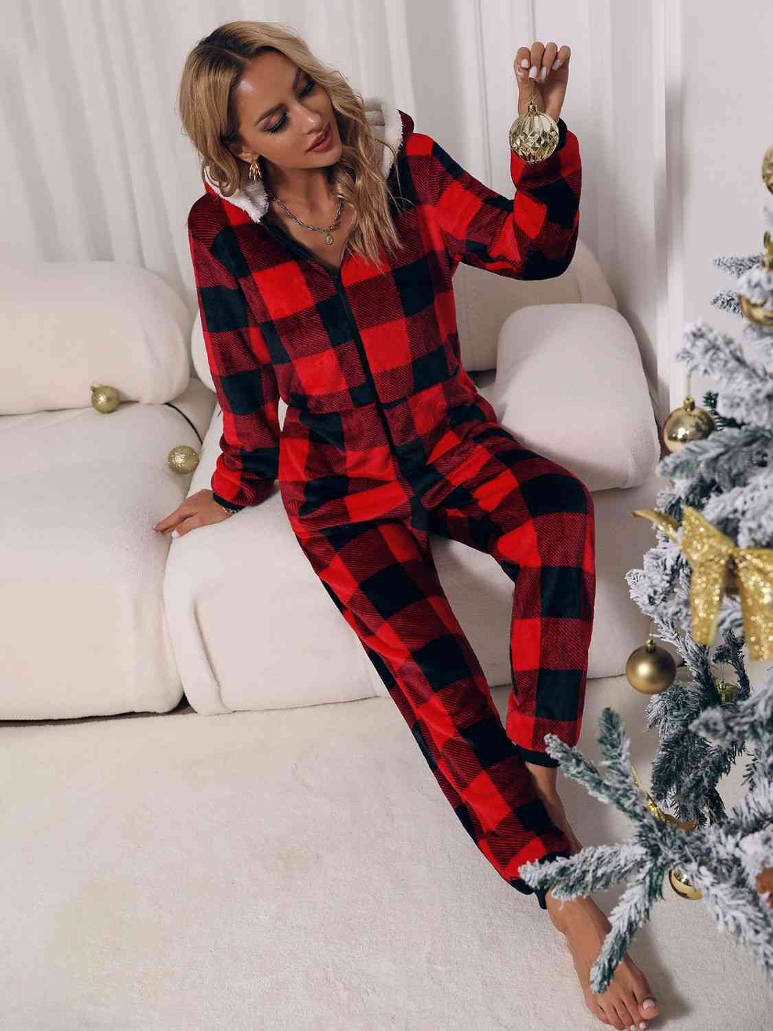 PLAID ZIP FRONT LONG SLEEVE HOODED LOUNGE JUMPSUIT