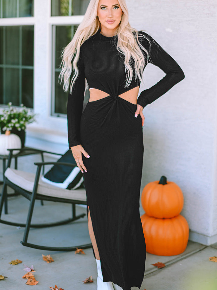 CUTOUT ROUND NECK LONG SLEEVE SLIT MAXI DRESS