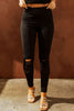 DOUBLE TAKE WIDE WAISTBAND DISTRESSED SLIM FIT LEGGINGS