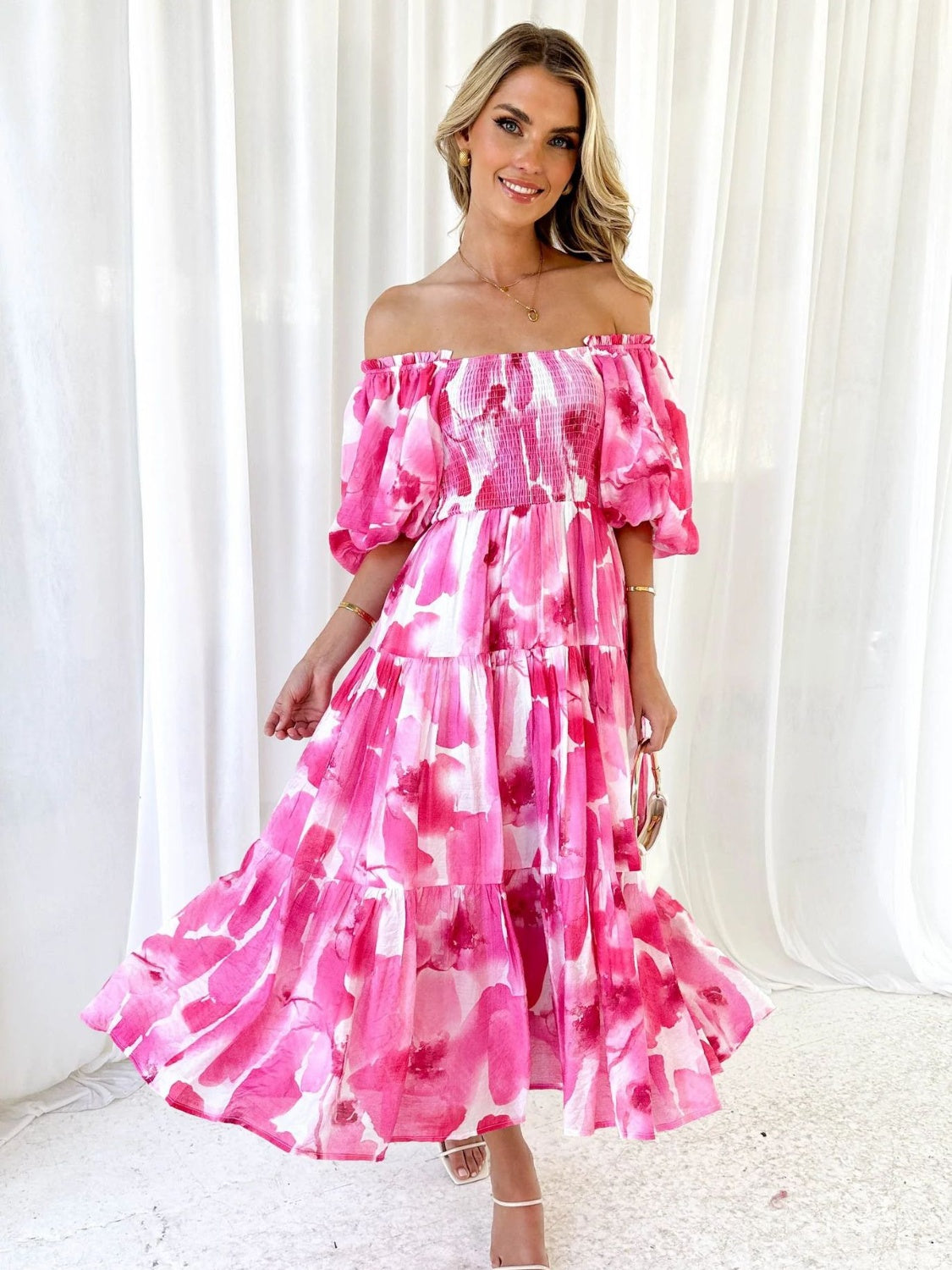 PRINTED SMOCKED OFF-SHOULDER TIERED DRESS