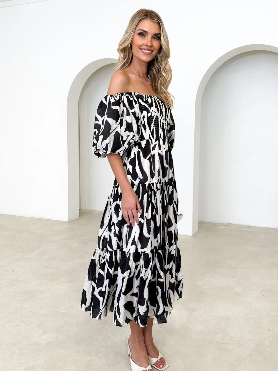 PRINTED SMOCKED OFF-SHOULDER TIERED DRESS