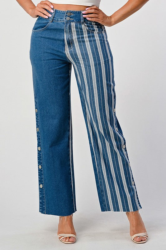 BUTTON SLIT STRIPED DENIM PATCH BAGGY MOM JEAN - Style Boutiqe